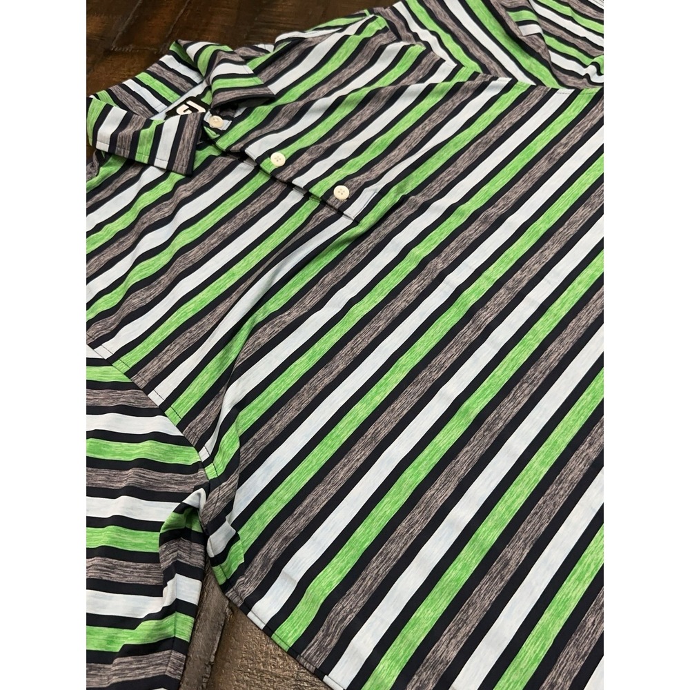 FootJoy Polo Shirt Mens Medium Green Blue Stripe Golf Performance Stretch Jersey